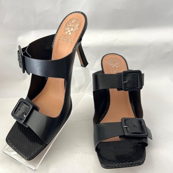 Vince Camuto Black Leather Heeled Sandals Babenet Buckle Heels Women Size 12M - Picture 1 of 10